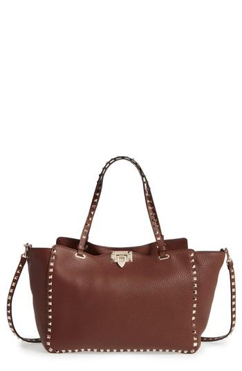 Valentino Garavani 'rockstud' Grained Calfskin Leather Tote - Brown