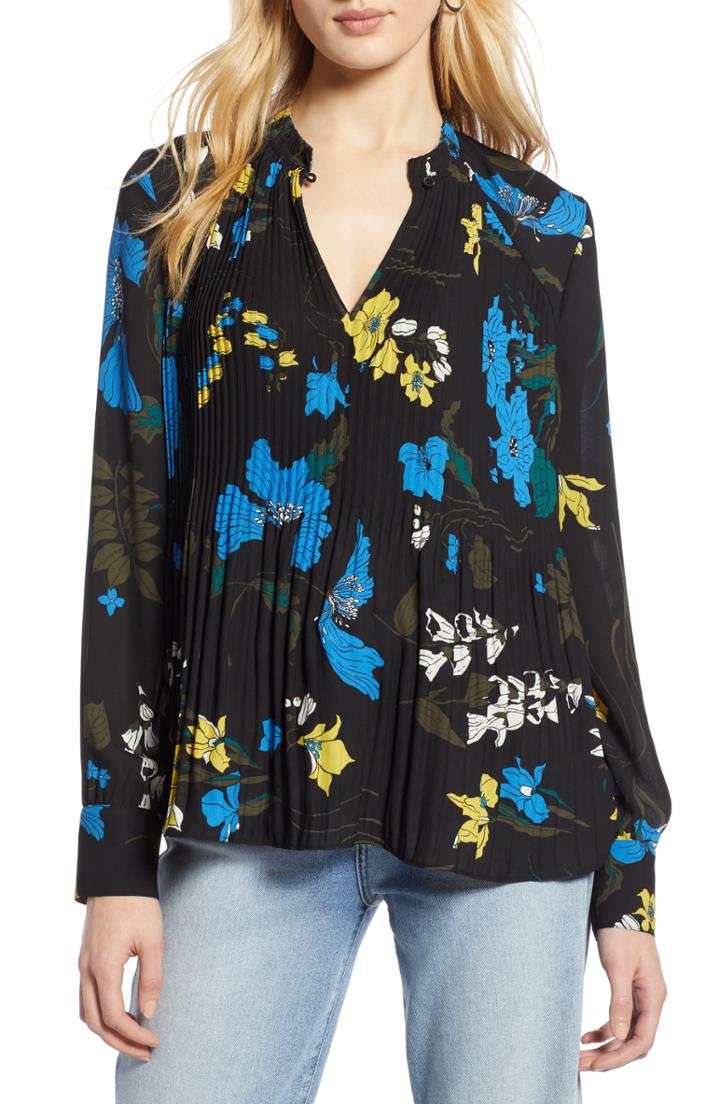 Petite Women's Halogen Pleat Detail Blouse, Size P - Black