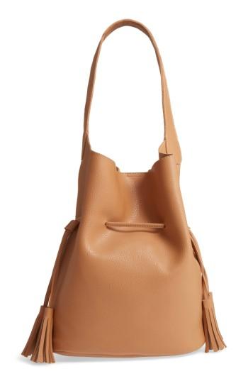 Street Level Drawstring Faux Leather Bucket Bag - Beige