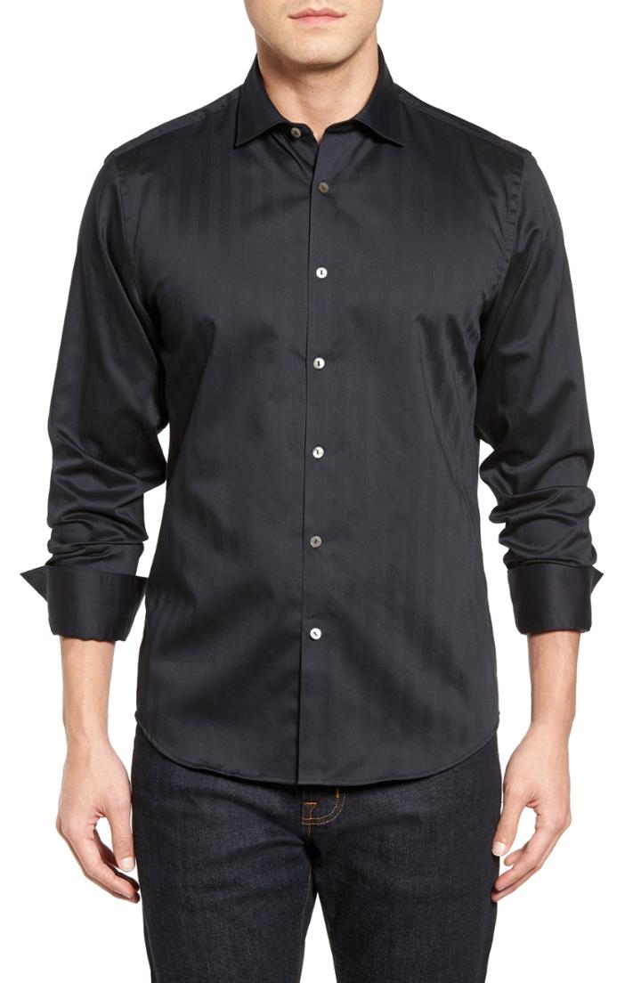 Men's Stone Rose Herringbone Stripe Sport Shirt (l) - Black