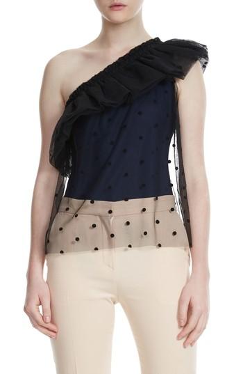 Women's Maje Lowers Dot Mesh Overlay One Shoulder Top - Blue