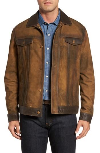 Men's Flynt Distressed Leather Trucker Jacket, Size - Brown