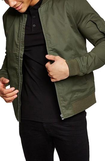 Men's Topman Muscle Fit Bomber Jacket - Green