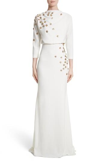 Women's Badgley Mischka Couture Floral Embellished Crepe Gown - Ivory
