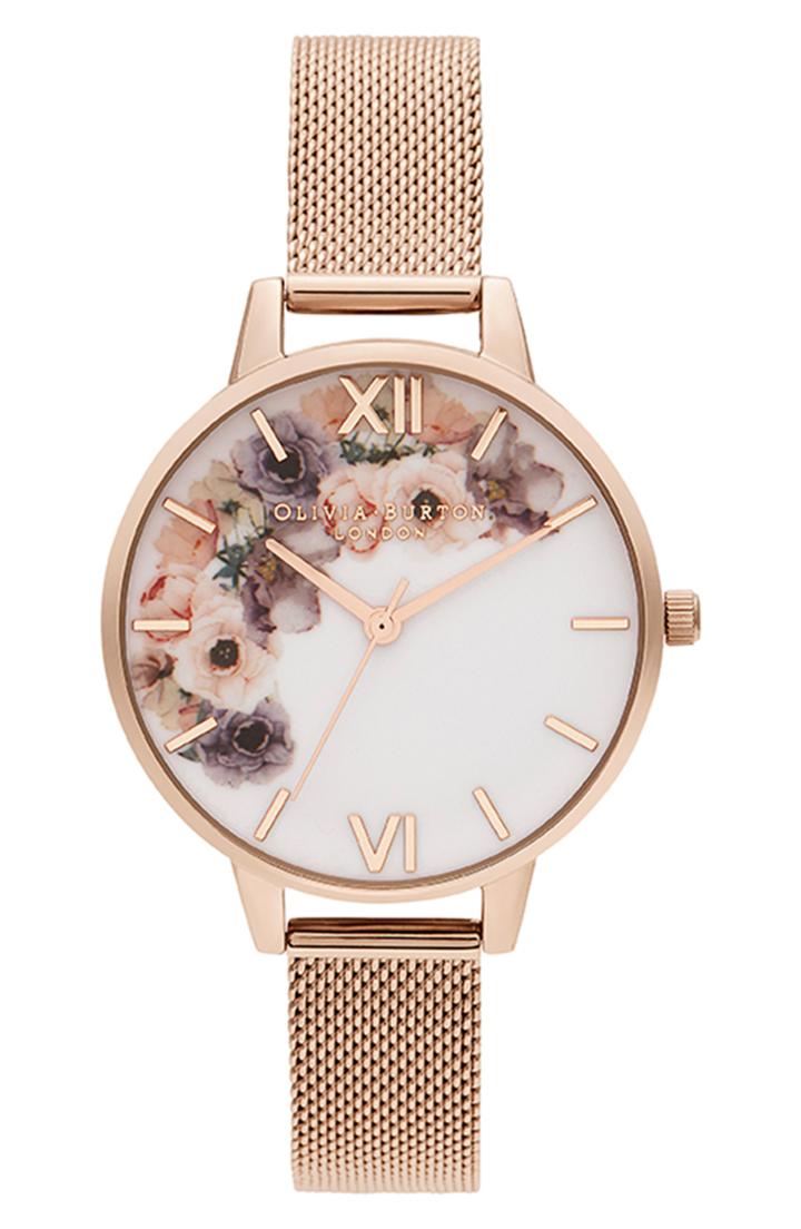Women's Olivia Burton Watercolour Florals Mesh Strap Watch, 34mm