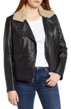 Women's Cole Haan Bonded Leather Moto Jacket With Genuine Shearling Collar - Black