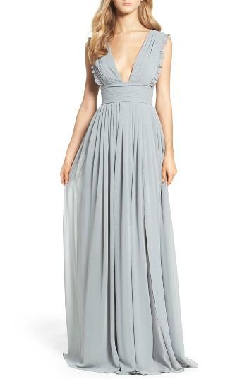 Women's Monique Lhuillier Bridesmaids Deep V-neck Ruffle Pleat Chiffon Gown - Green
