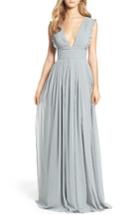 Women's Monique Lhuillier Bridesmaids Deep V-neck Ruffle Pleat Chiffon Gown - Green