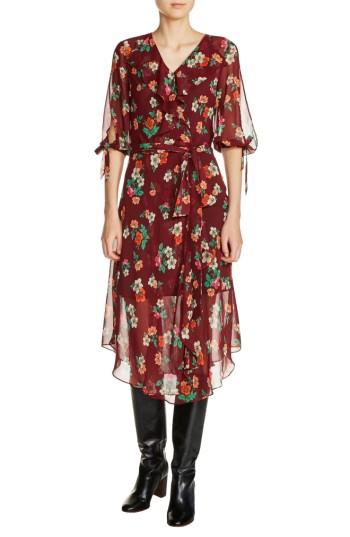 Women's Maje Ruffle Floral Print Faux Wrap Dress - Burgundy