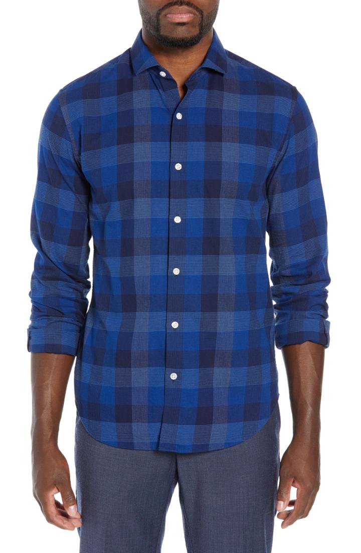 Men's Bonobos Unbutton Down Slim Fit Check Sport Shirt L - Blue