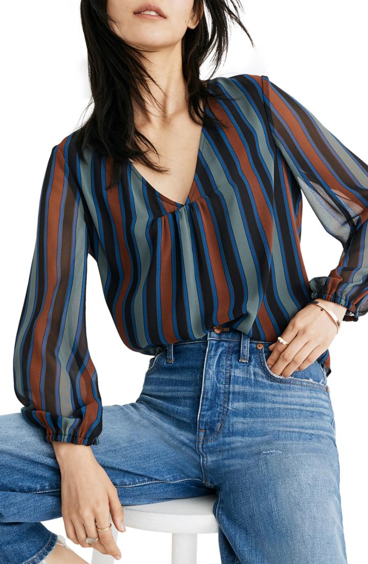 Women's Madewell Stripe Sheer Sleeve Top, Size - Green