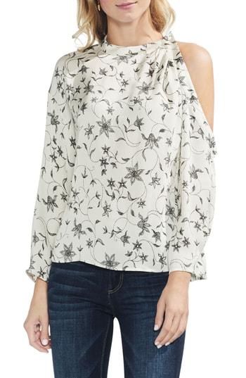 Women's Vince Camuto Faux Stitch Floral Cold Shoulder Top, Size - White