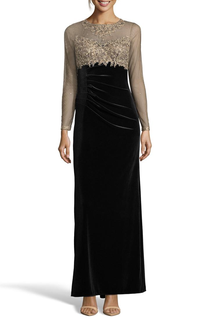 Women's Xscape Illusion Bodice Velvet Gown - Black