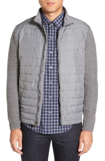Men's Zachary Prell 'beacon' Trim Fit Quilted Cable Knit Zip Sweater, Size - Grey