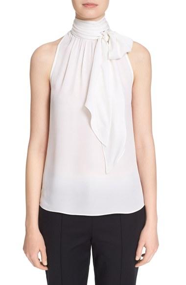 Women's St. John Collection Tie Neck Silk Georgette Shell, Size - White