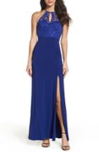 Women's Sequin Hearts Side Slit Lace & Jersey Gown - Blue