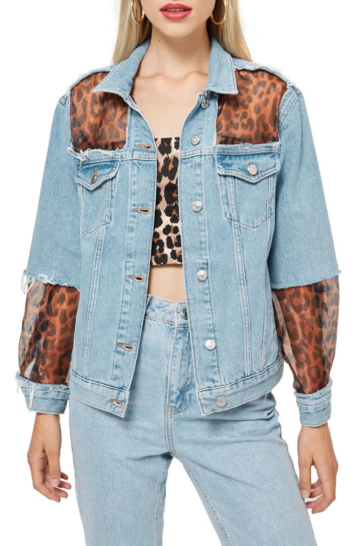 Women's Topshop Leopard Print Organza Denim Jacket Us (fits Like 2-4) - Blue
