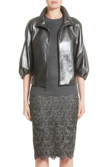 Women's St. John Collection Pearlized Nappa Leather Jacket - Grey