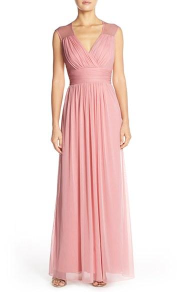 Women's Alfred Sung Shirred Chiffon Cap Sleeve Gown - Pink
