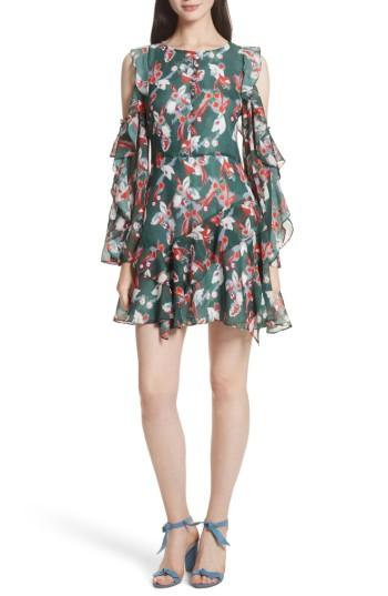 Women's Tanya Taylor Laine Floral Ikat Print Silk Cold Shoulder Dress