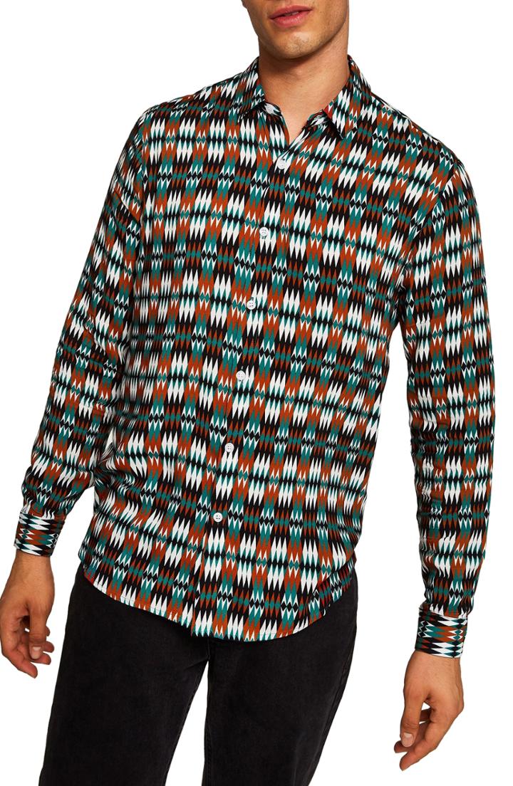 Men's Topman Classic Fit Diamond Print Woven Shirt, Size - Black