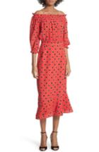 Women's Saloni Grace Print Silk Off The Shoulder Dress - Red