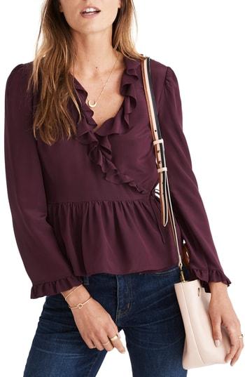 Women's Madewell Ruffle Hem Silk Wrap Top - Purple