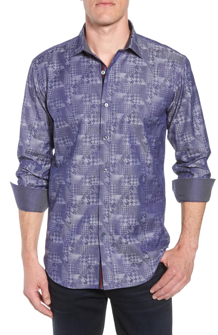 Men's Bugatchi Shaped Fit Glen Check Sport Shirt, Size - Blue