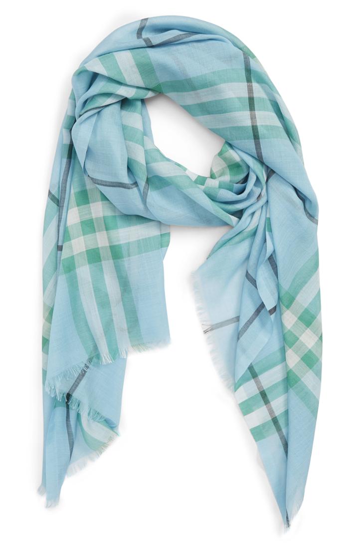 Women's Burberry Giant Check Gauze Wool & Silk Scarf, Size - Blue