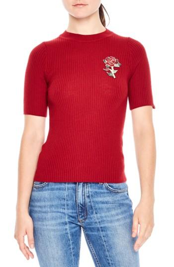 Women's Sandro Floral Applique Ribbed Sweater - Red