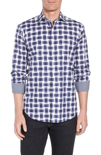 Men's Bugatchi Shaped Fit Layered Grid Sport Shirt - Blue