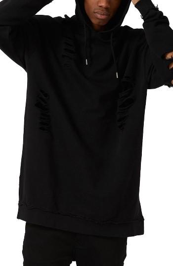 Men's Topman Extreme Ripped Cotton Hoodie - Black