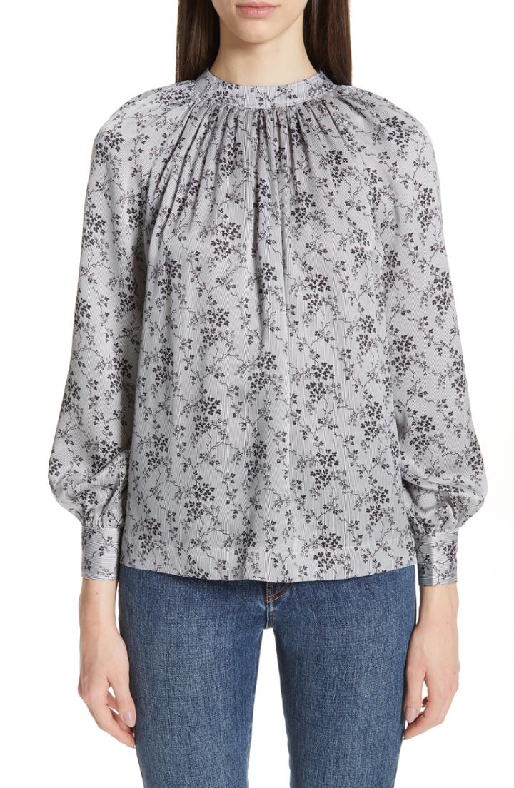 Women's Co Floral Print Tie Back Silk Blouse - Blue