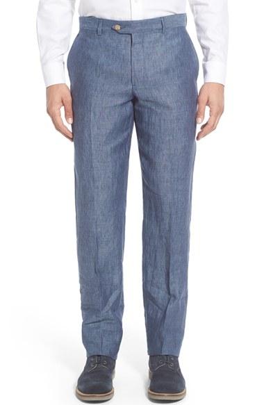 Men's Nordstrom Men's Shop Flat Front Solid Linen Trousers - Blue