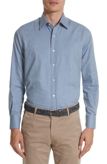 Men's Canali Trim Fit Print Twill Sport Shirt, Size - Blue
