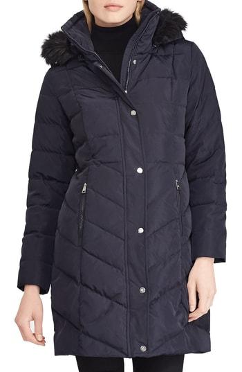 Women's Lauren Ralph Lauren Faux Fur Trim Down Jacket - Blue