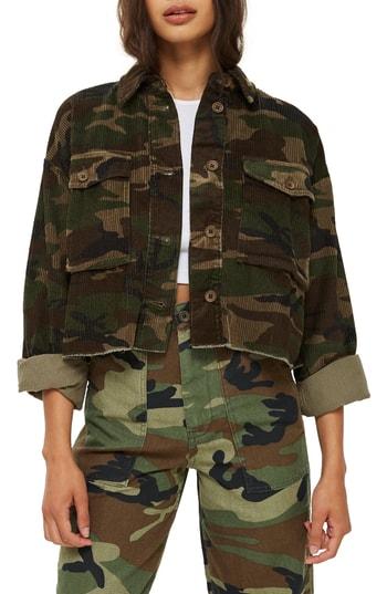 Women's Topshop Camo Corduroy Crop Jacket - Green