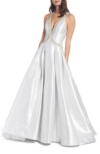 Women's Mac Duggal Beaded Halter Neck Ballgown - White