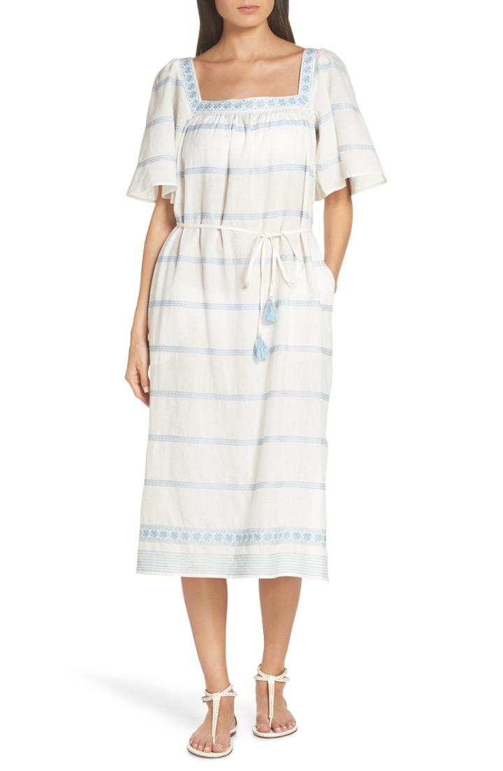 Women's Tory Burch Embroidered Linen & Cotton Dress - White
