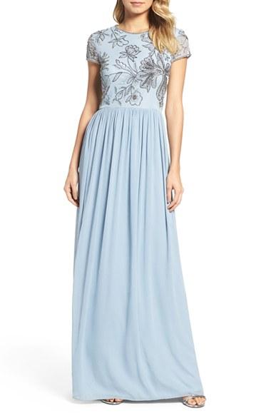 Women's Adrianna Papell Cap Sleeve Embroidered Bodice Gown