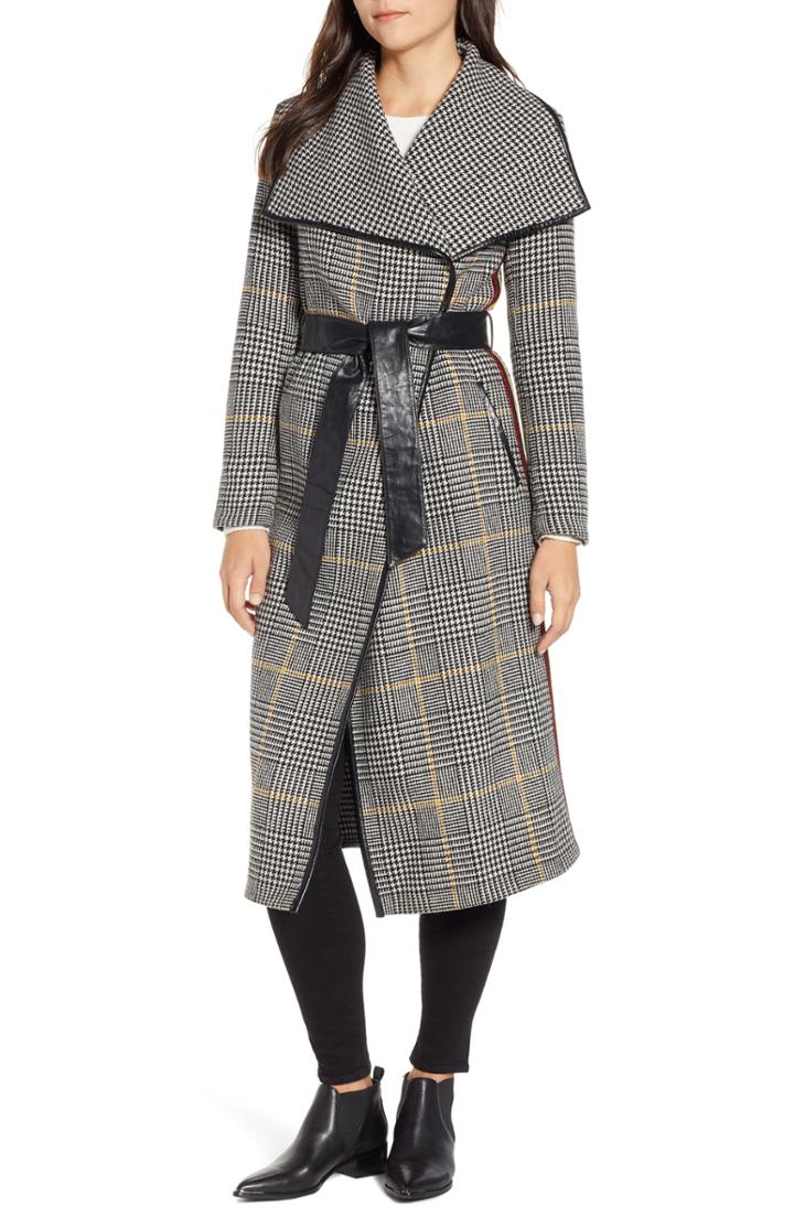 Women's Mackage Plaid Belted Wool Blend Coat - Grey