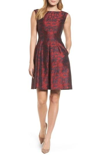 Women's Anne Klein Jacquard Inverted Pleat Fit & Flare Dress - Red