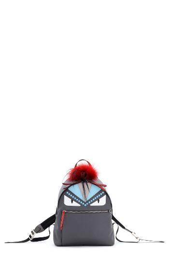 Fendi Monster Genuine Fur Trim Nylon Backpack - Grey