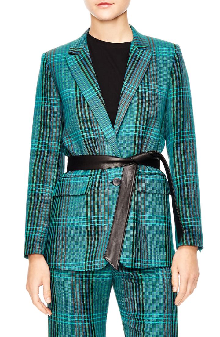 Women's Sandro Bruce Belted Plaid Suit Jacket Us / 36 Fr - Blue