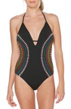 Women's Laundry By Shelli Segal Embroidered Plunging One-piece Swimsuit - Black