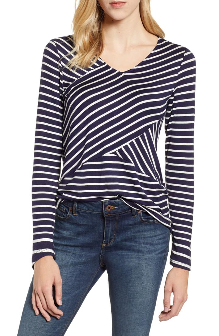Women's Gibson Cross Front Stripes Top, Size - Blue