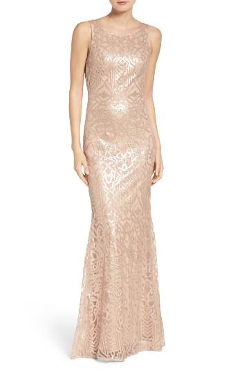 Women's Wtoo Sequin Embroidered Cowl Back A-line Gown