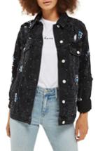 Women's Topshop Embellished Oversize Denim Jacket Us (fits Like 0) - Black