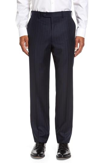 Men's Jb Britches Flat Front Chalk Stripe Wool Trousers R - Blue