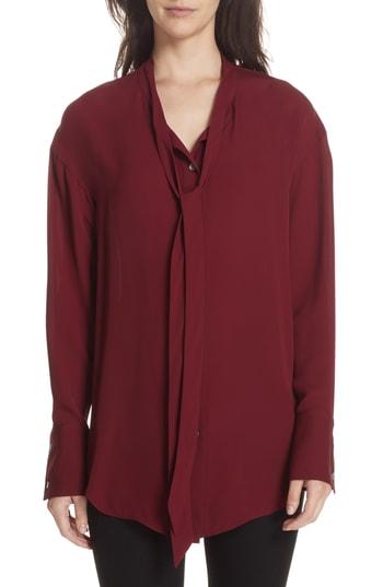 Women's Theory Tie Neck Silk Blouse, Size - Burgundy